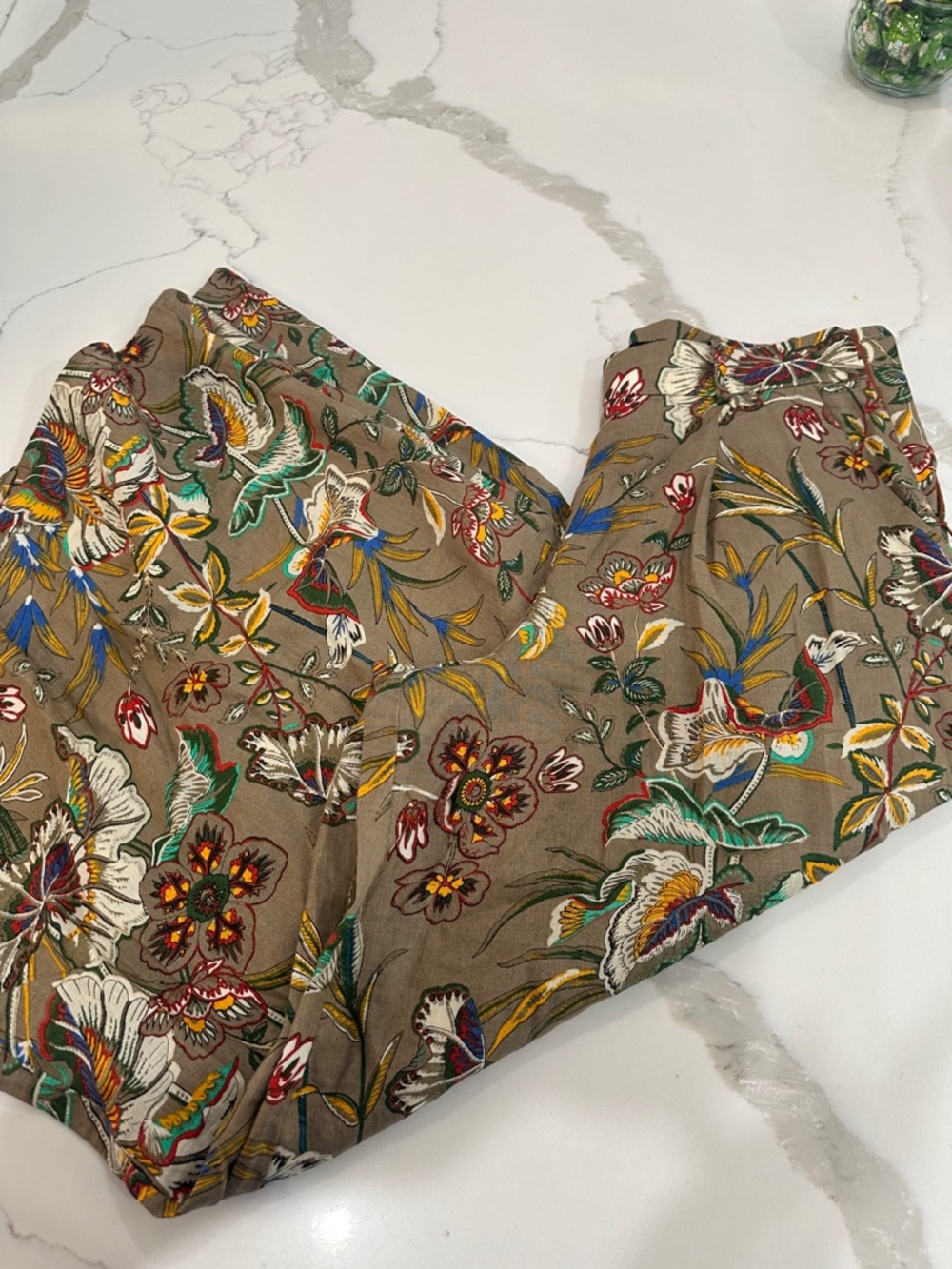 Banana Republic Floral Straight-Leg Pants in Taupe with Multicolor Embroidery